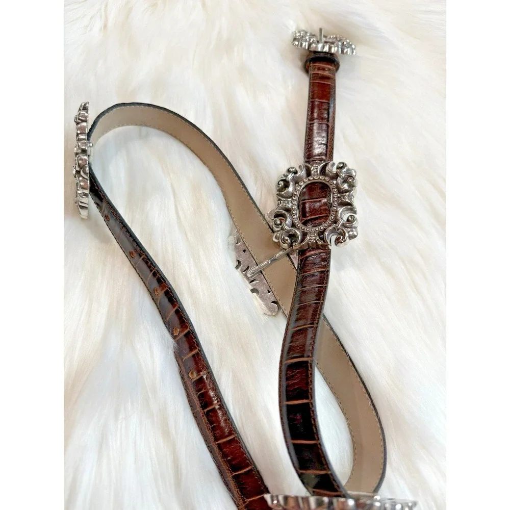 Vtg ALC Leather Concho Belt Women L Western Boho Buckle Stamped Alligator Print